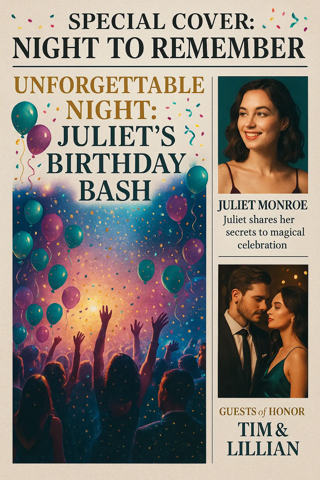 Elegant Birthday Poster template with confetti, lights, and portraits