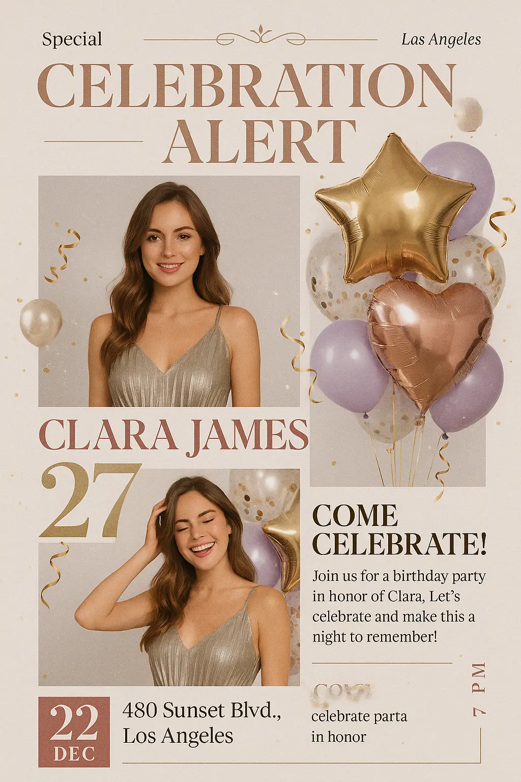 Elegant Birthday Poster template with balloons and modern layout