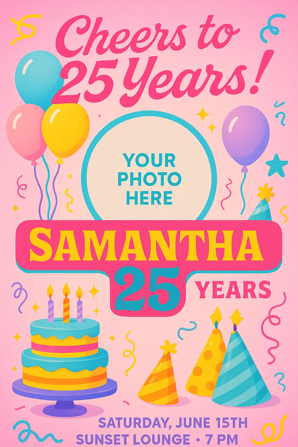 Retro Birthday Poster template with vibrant colors and festive icons