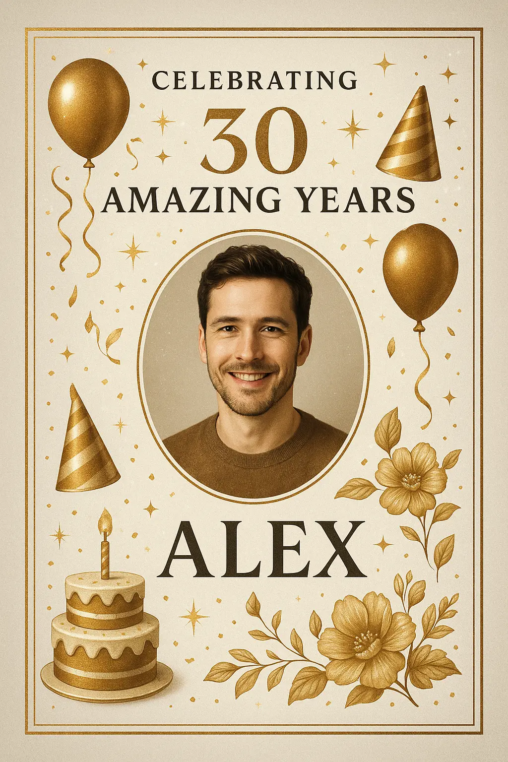 Elegant metallic Birthday Poster template with confetti and cake
