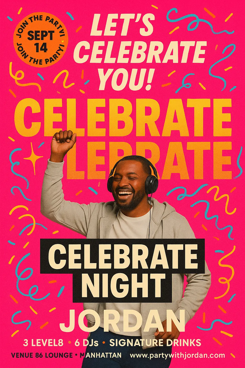 Bold retro Birthday Poster template with DJ theme and neon colors