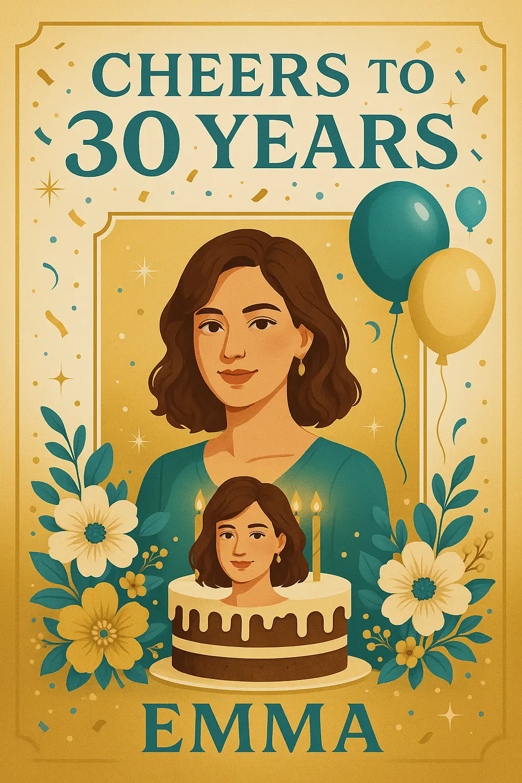 Birthday Poster template featuring elegant gold and teal design for a 30th birthday.