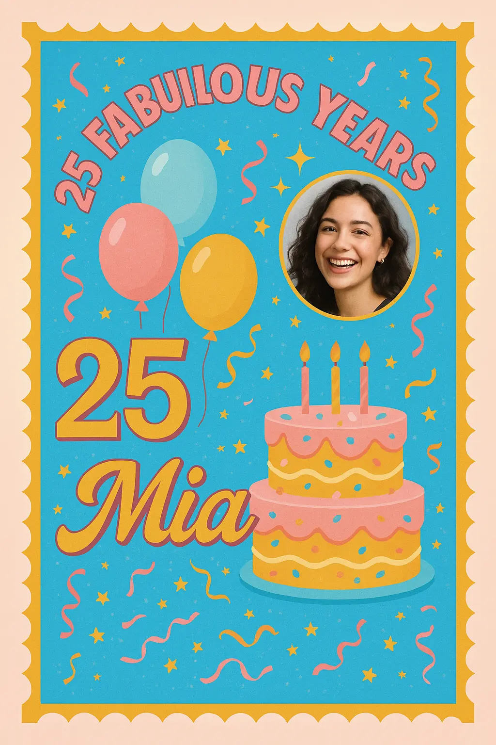Bold retro Birthday Poster template with balloons and cake