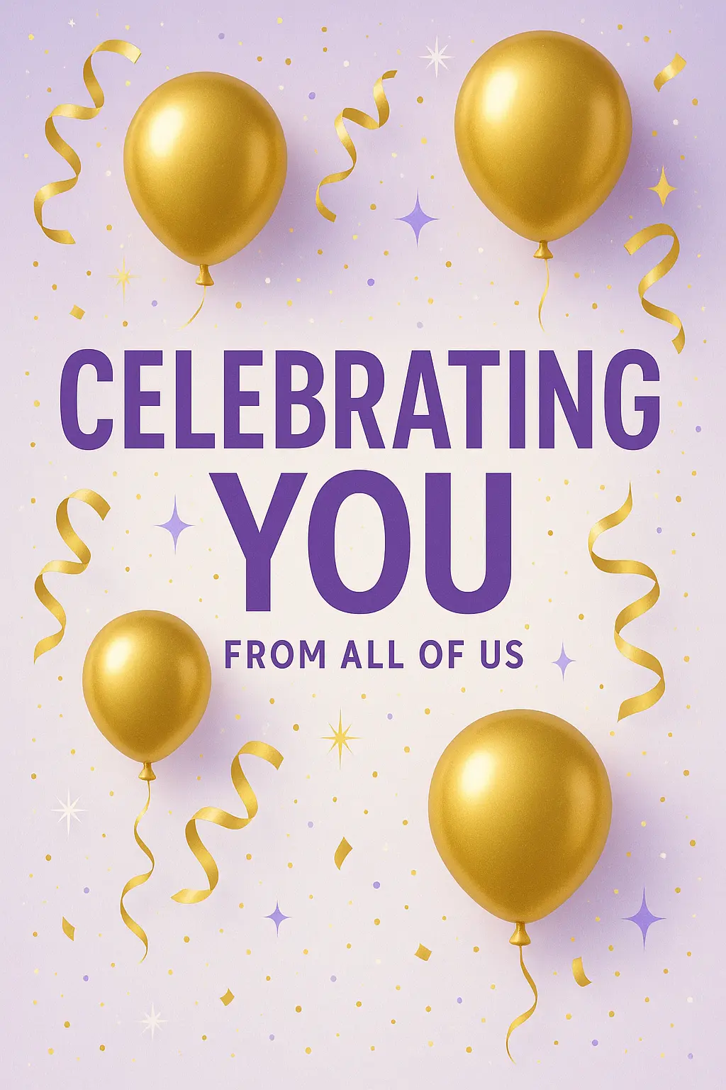 Birthday Poster template with gold balloons, purple text, and confetti.