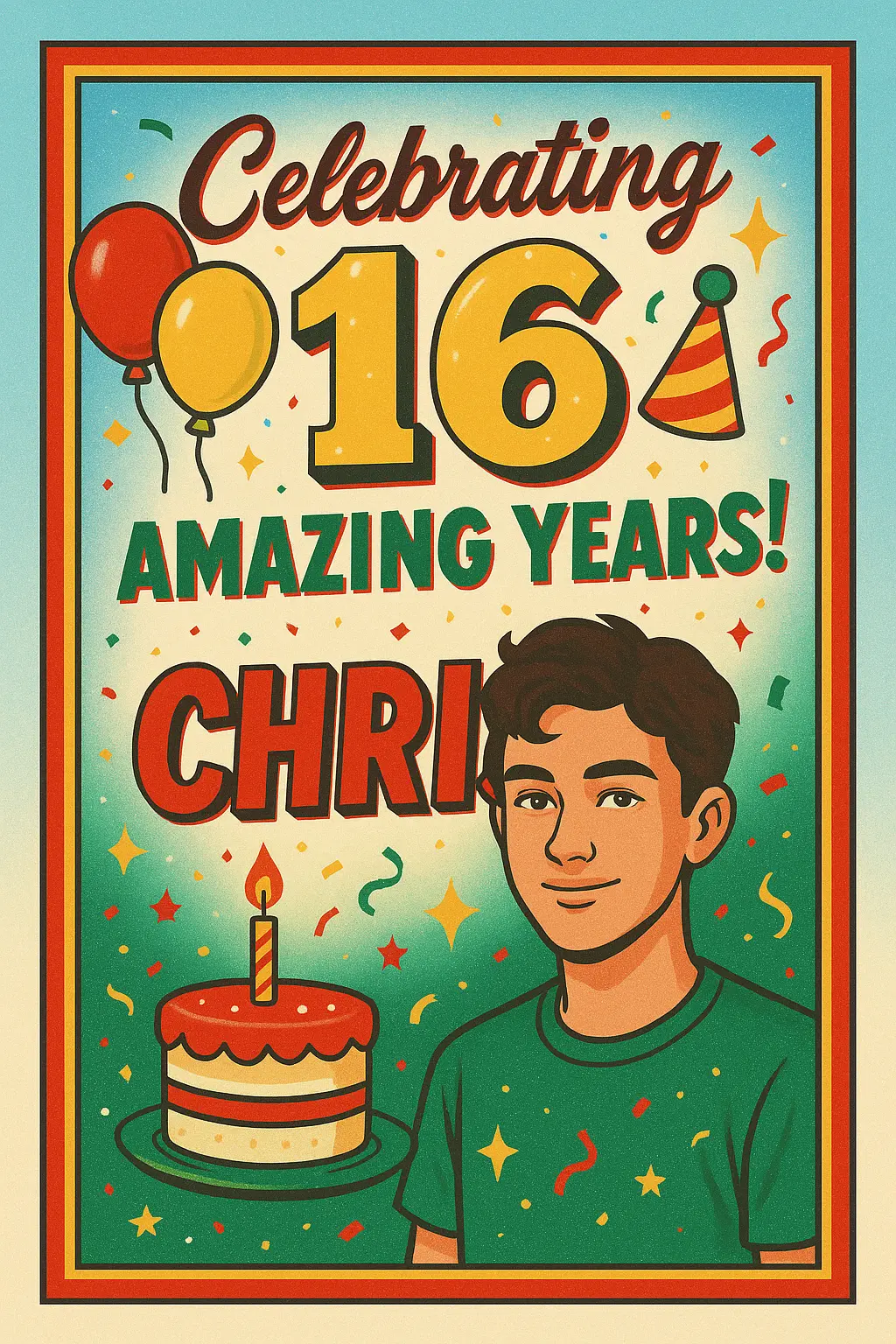 Birthday Poster template with vibrant colors, retro design, and celebratory motifs