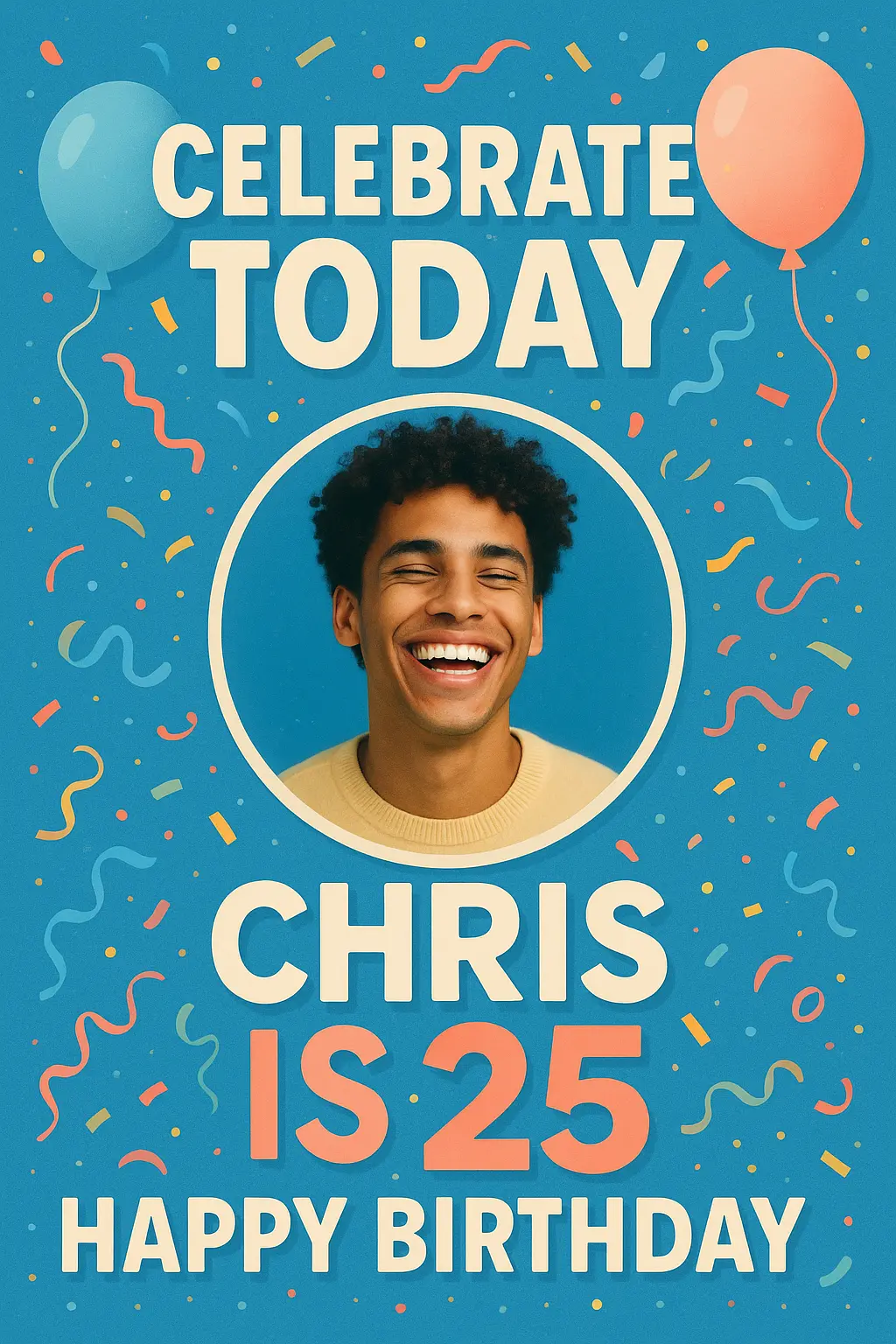 Birthday Poster template with vibrant blue tones, balloons, and confetti