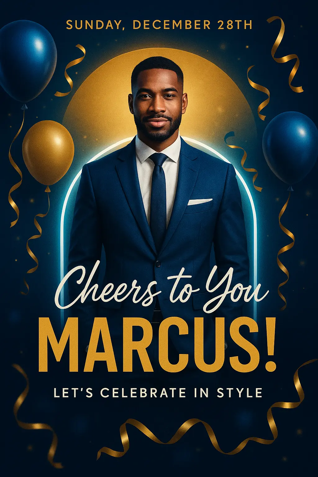 Elegant Birthday Poster template with blue and gold theme