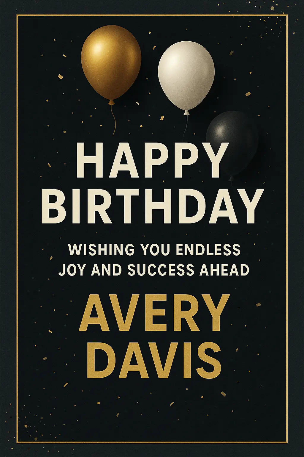 Birthday Poster template with dark background, gold and white balloons, and text wishing joy to Avery Davis.