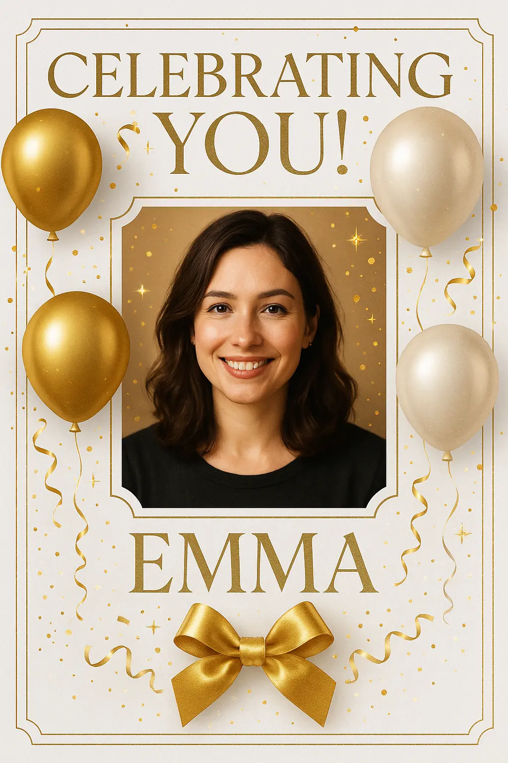 Birthday Poster template with metallic balloons, confetti, and golden ribbon bow