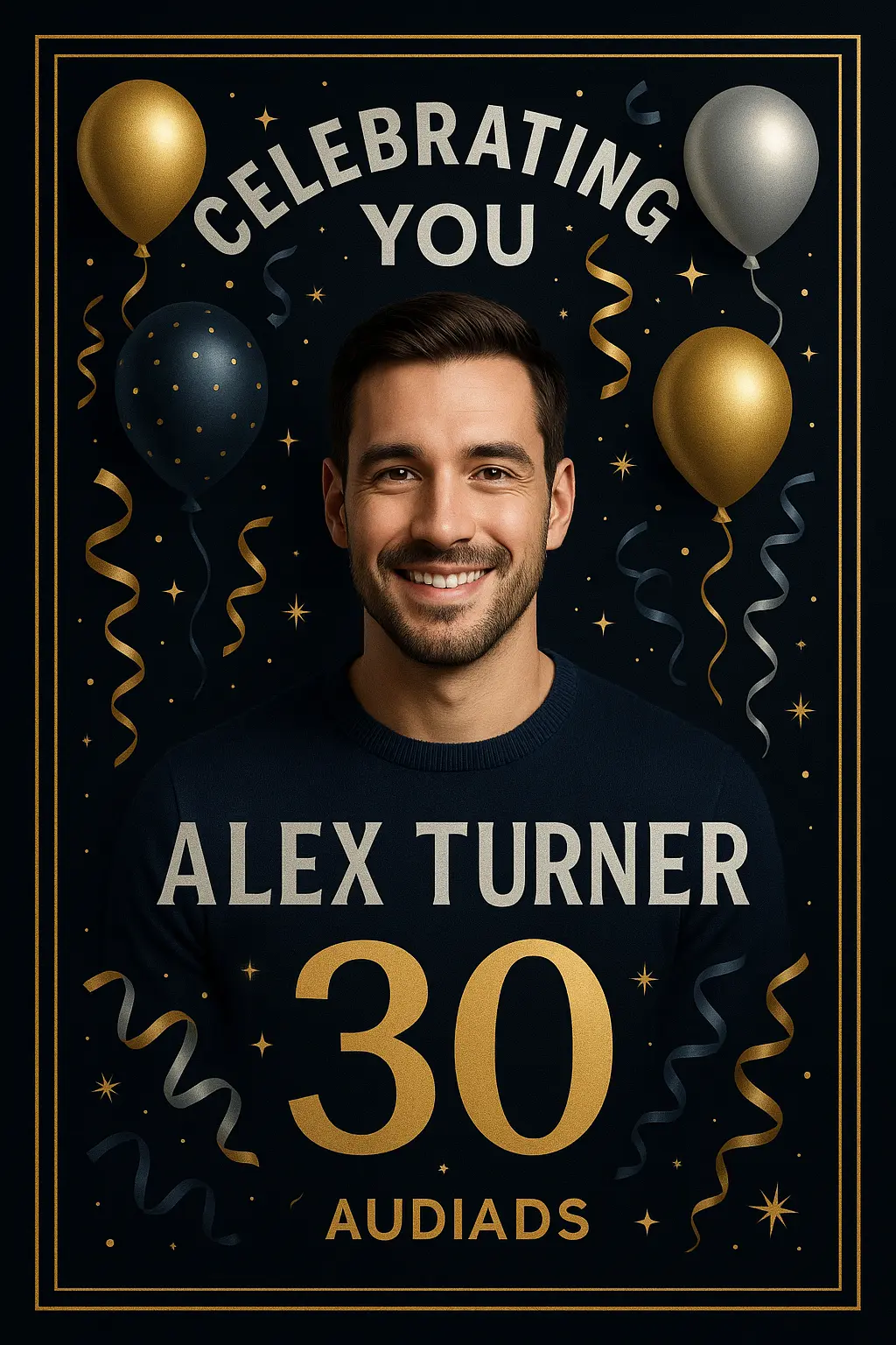 Elegant Birthday Poster template with gold, silver, and blue balloons