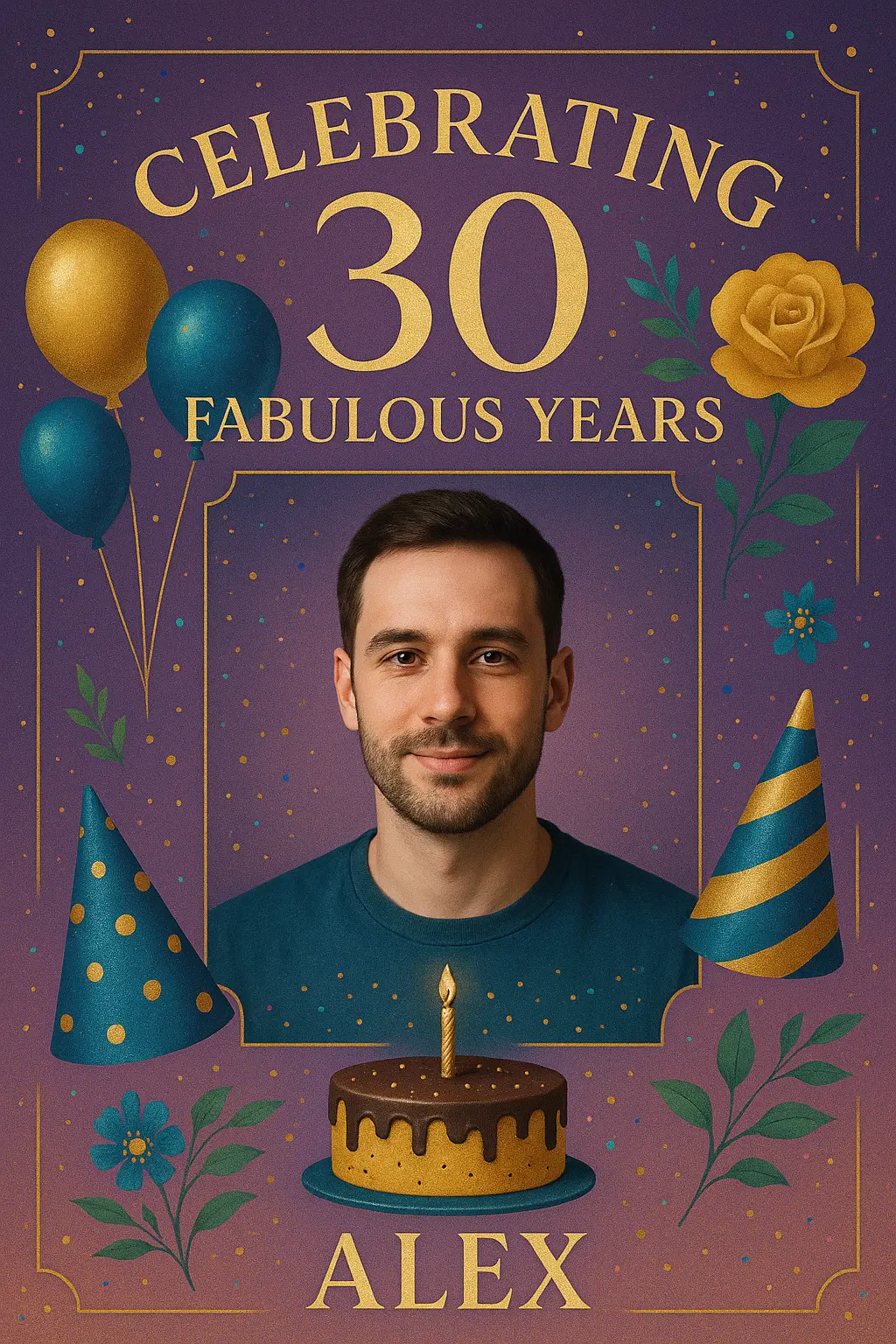 Birthday Poster template celebrating Alex's 30th with balloons, cake, and floral accents.