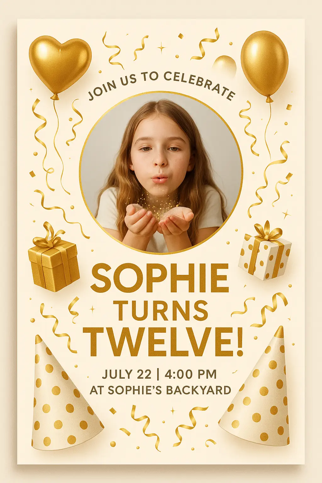Elegant Birthday Poster template with gold balloons and photo frame