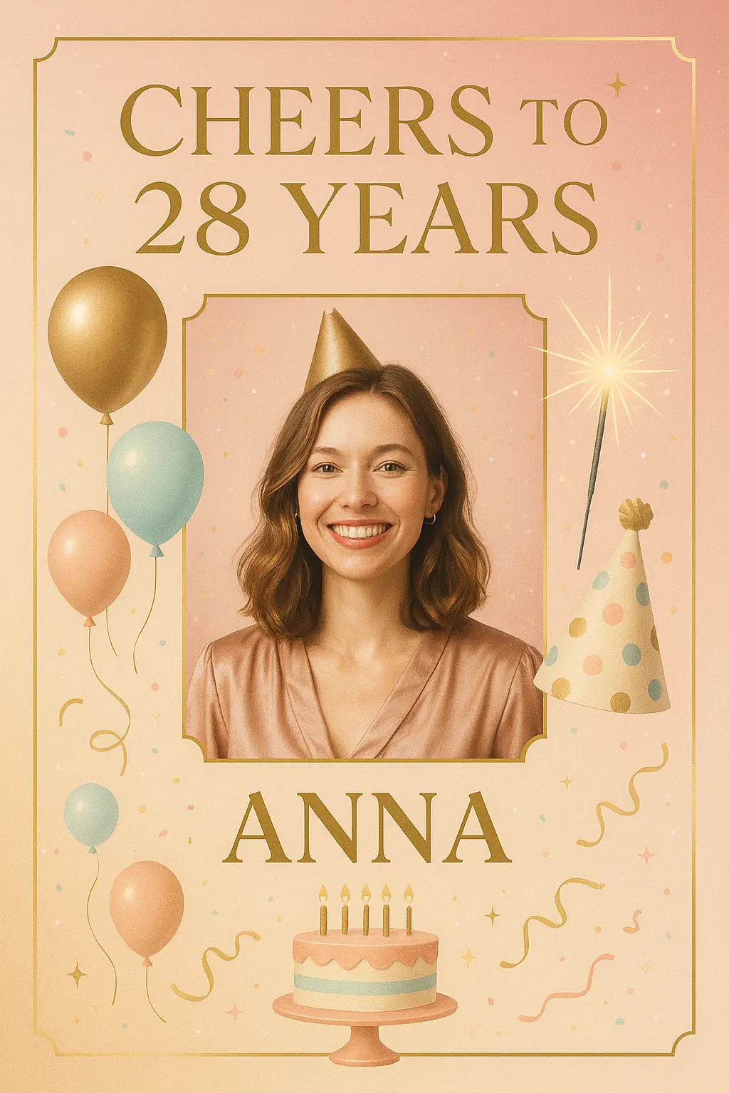 Birthday Poster template with modern design, balloons, cake, and 'Cheers to 28 Years' text
