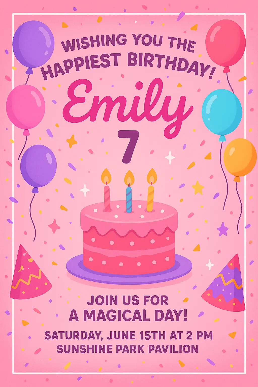 Colorful Birthday Poster template for a child with balloons and cake