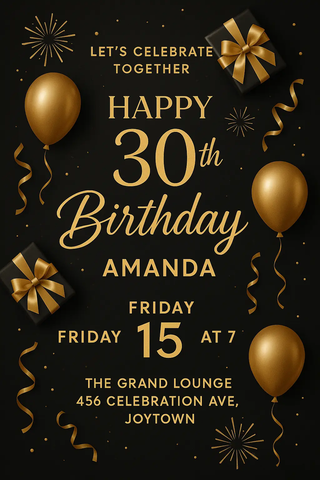 Elegant Birthday Poster template with gold balloons and confetti