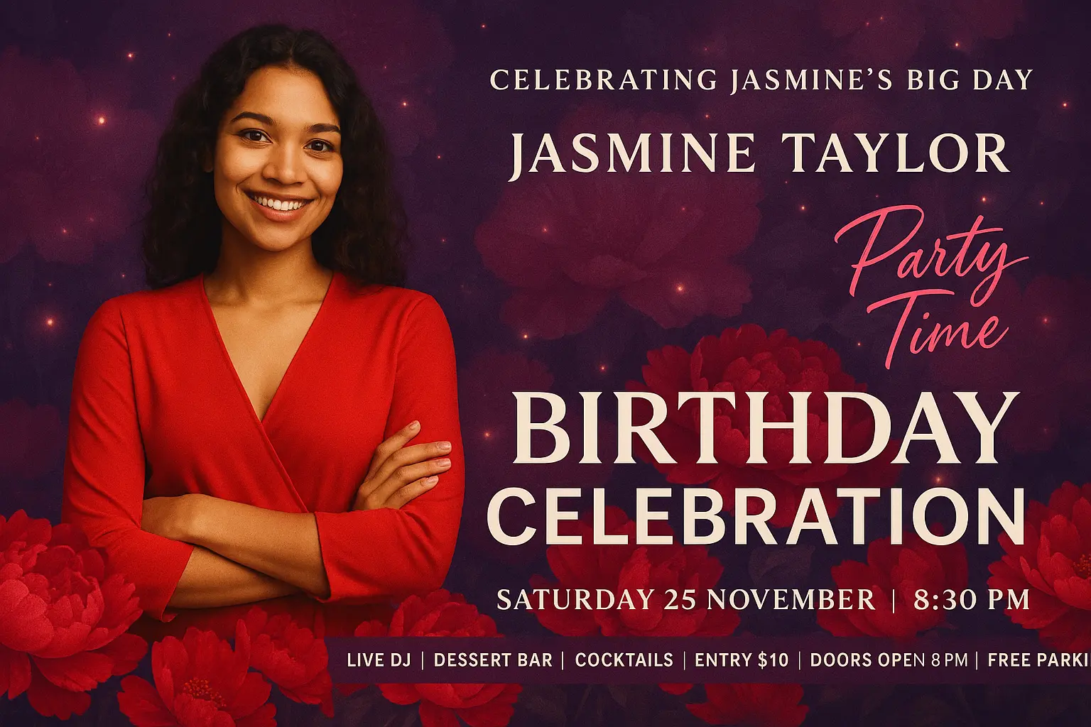 Playful Birthday Poster template with cake, balloons, and confetti