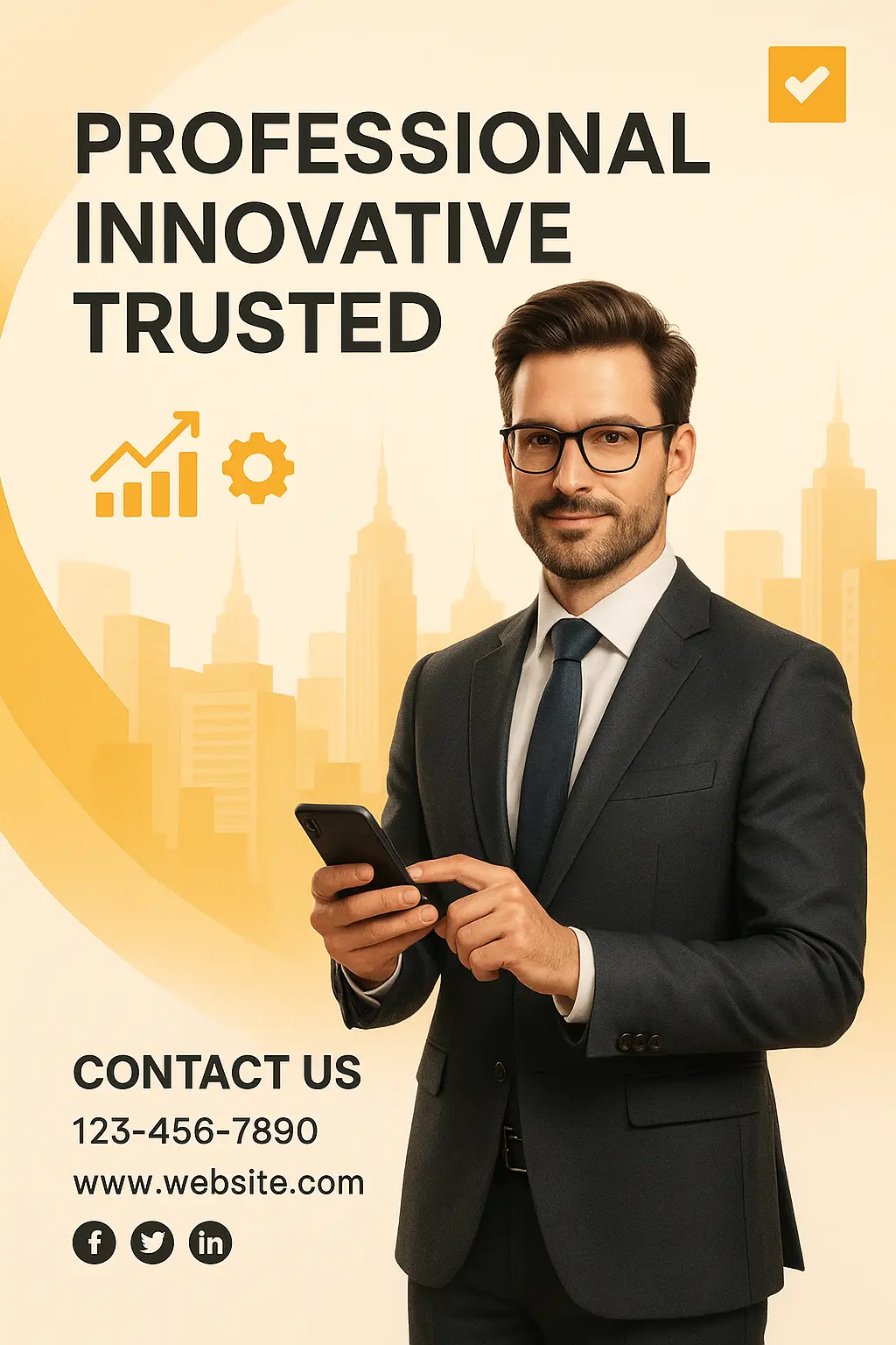 Business Poster template featuring a professional in a cityscape with modern design elements.