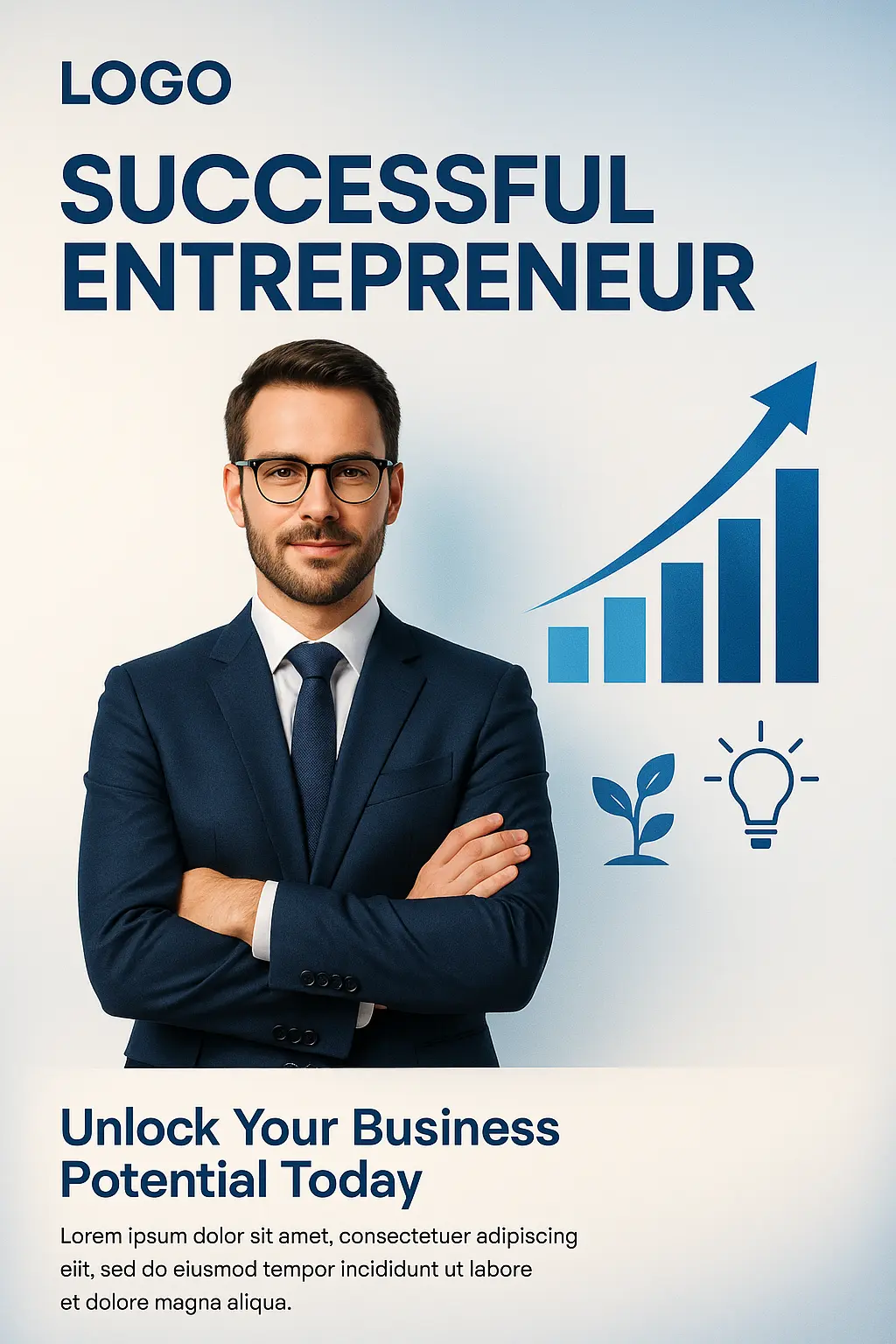 Business Poster template featuring entrepreneur with bar chart and professional layout
