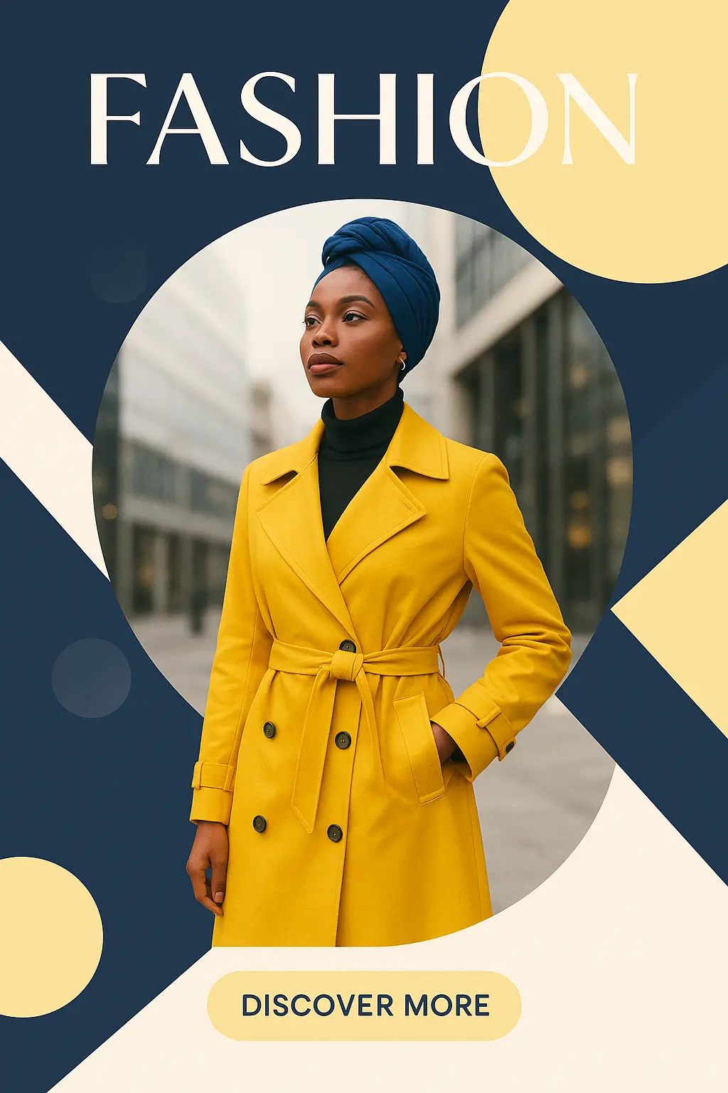 Business Poster template featuring a fashionable woman with a yellow coat