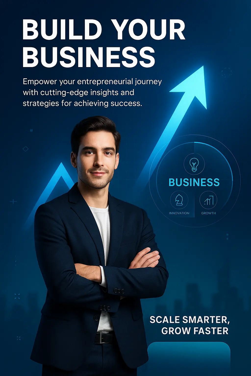 Modern Business Poster template with confident entrepreneur and tech theme