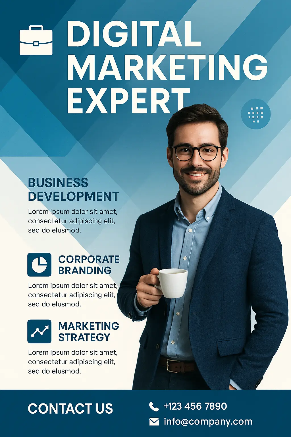 Business Poster template featuring digital marketing expert with geometric design