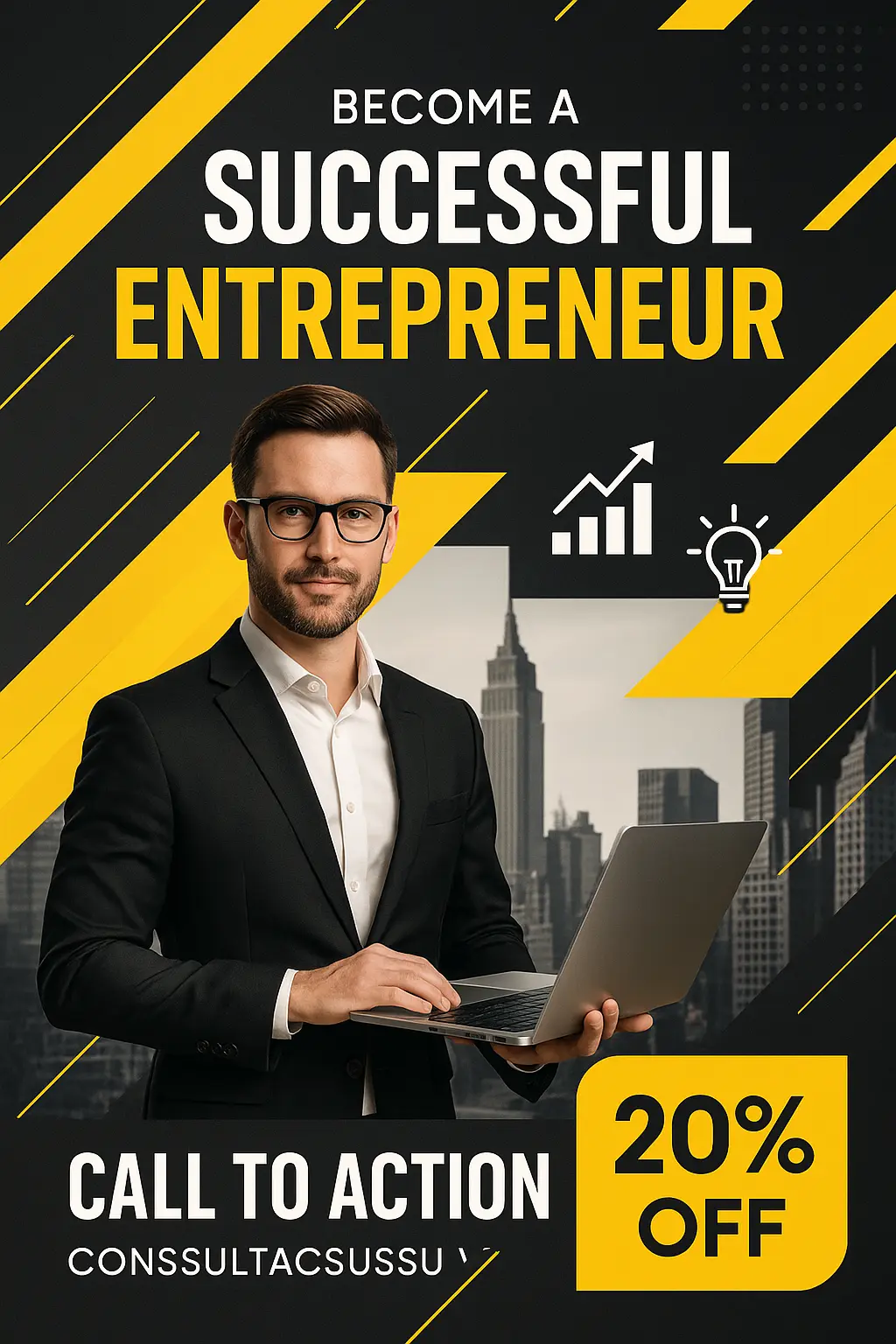 Business Poster template featuring an entrepreneur with a laptop