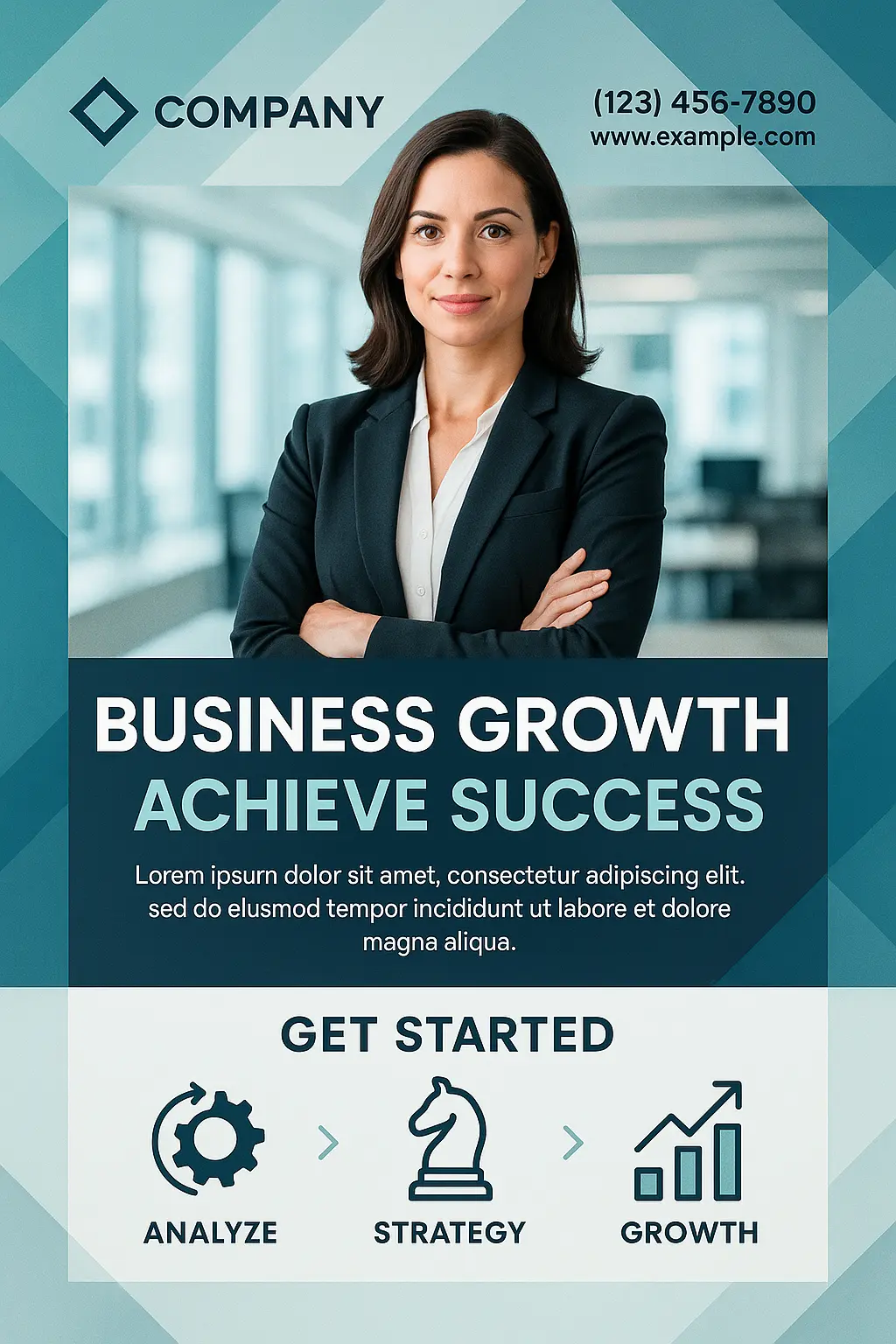 Business Poster template featuring a confident businesswoman in a professional office setting.
