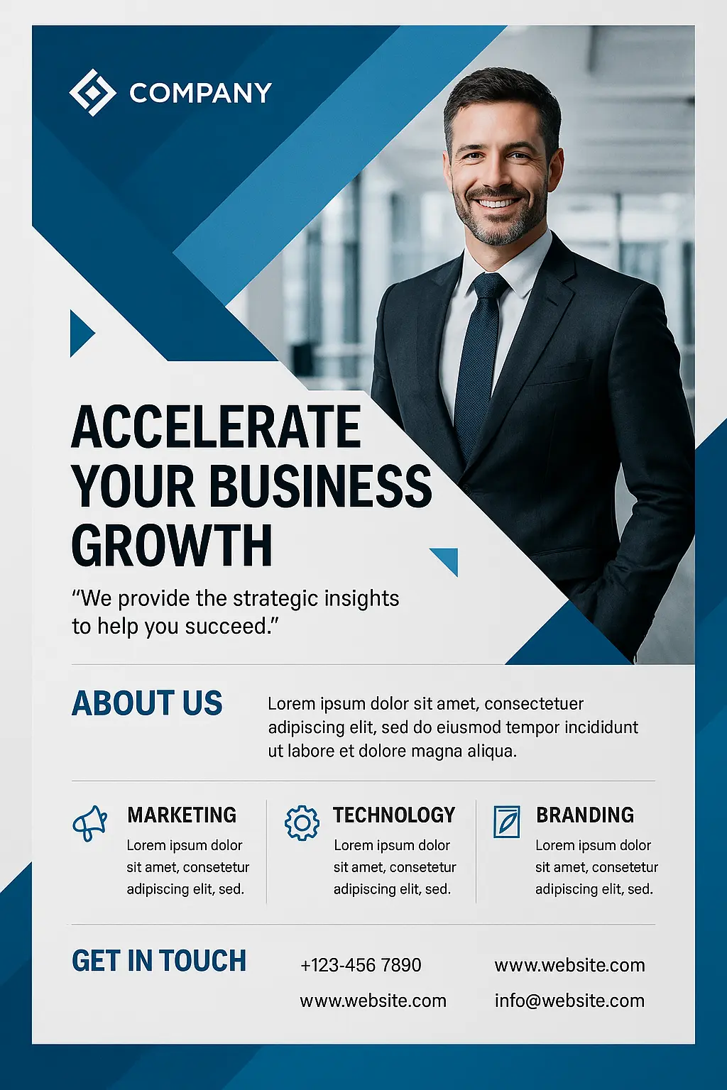 Modern Business Poster template with executive and bold blue layout
