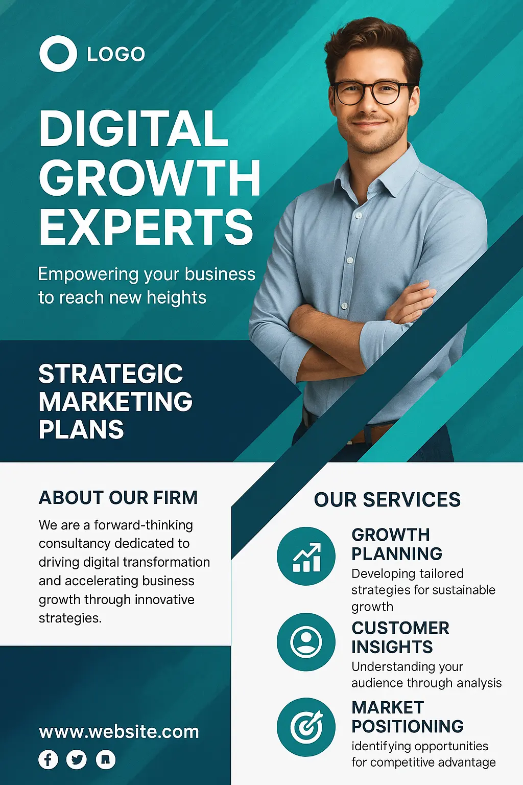 Business Poster template with teal theme and entrepreneur