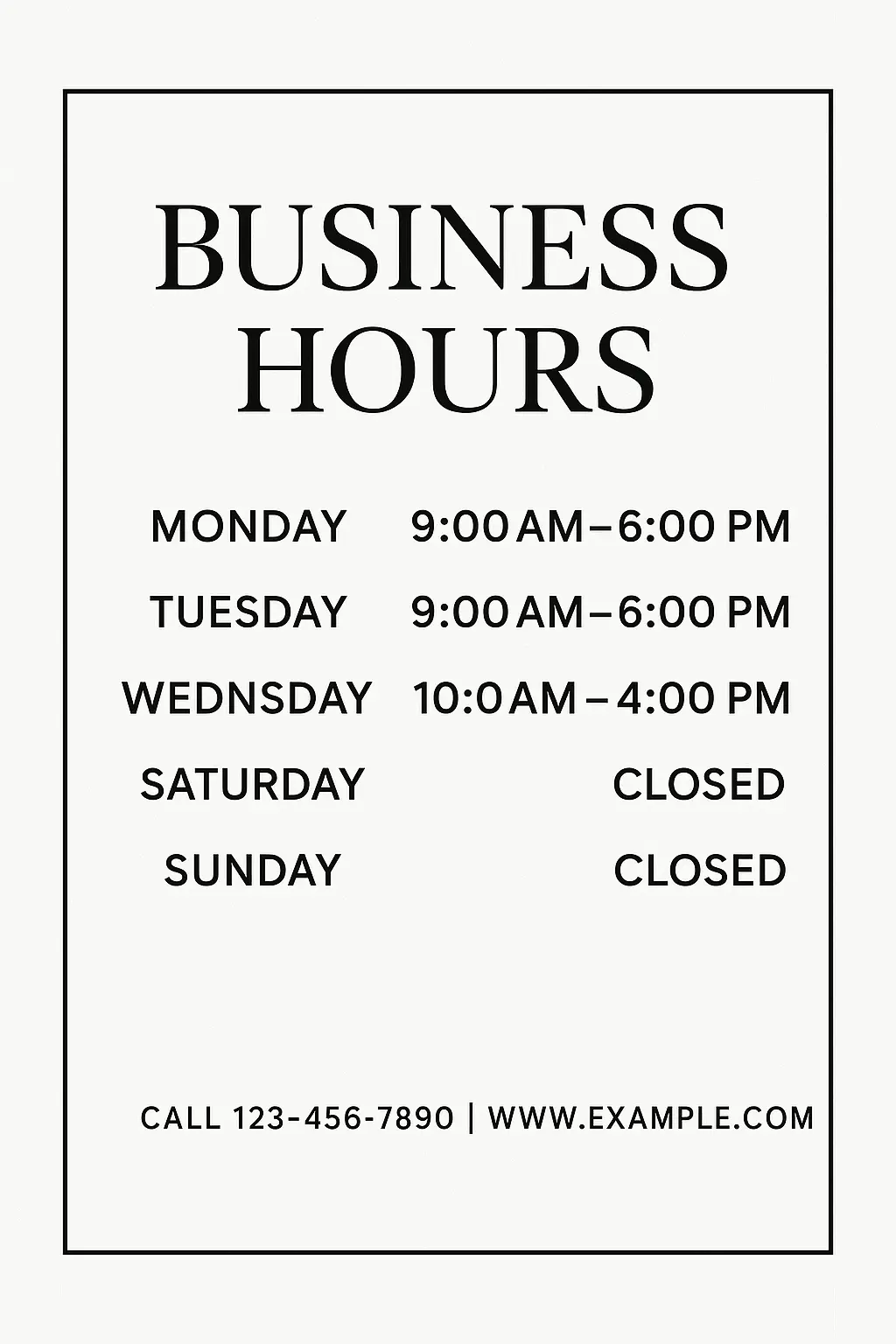 Business Poster template featuring operating hours and contact info