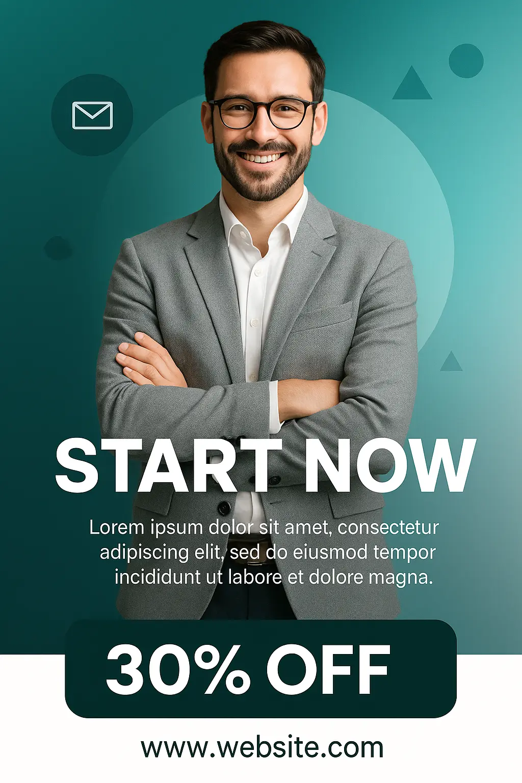 Business Poster template with entrepreneur offering 30% OFF