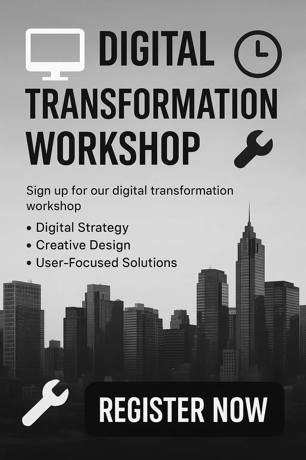 Business Poster template promoting digital transformation workshop with cityscape