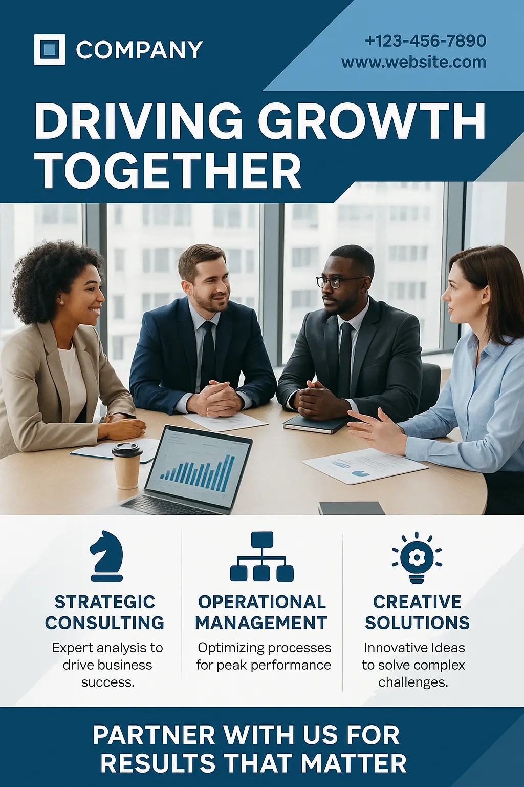 Business Poster template with a team meeting and bold blue layout