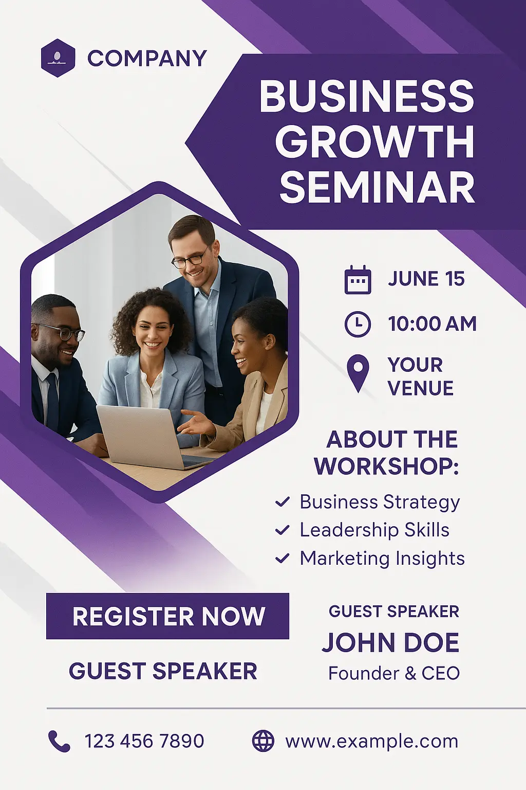 Modern Business Poster template with purple theme and team photos
