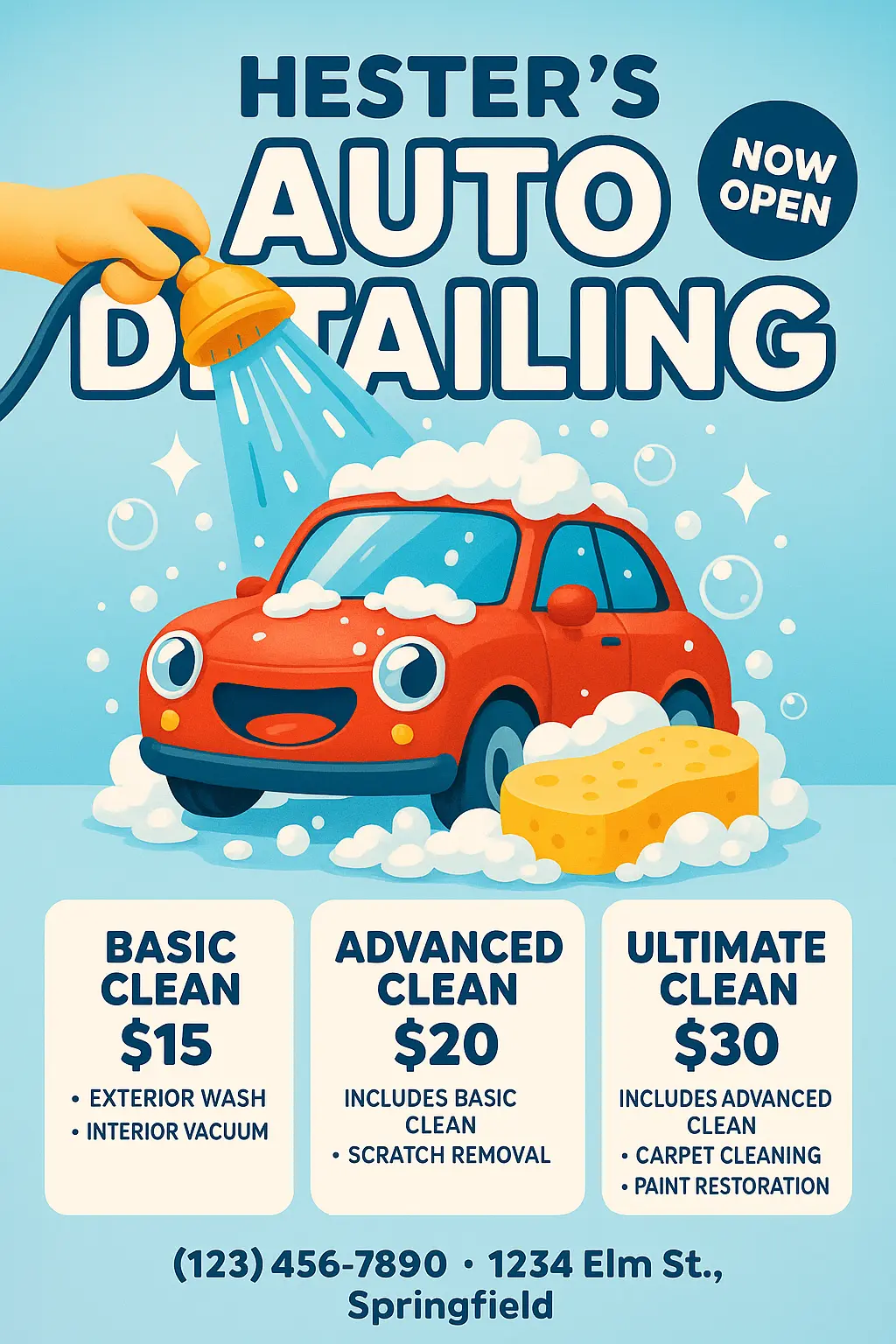 Car Wash Business Poster template with cartoon red car and water shower