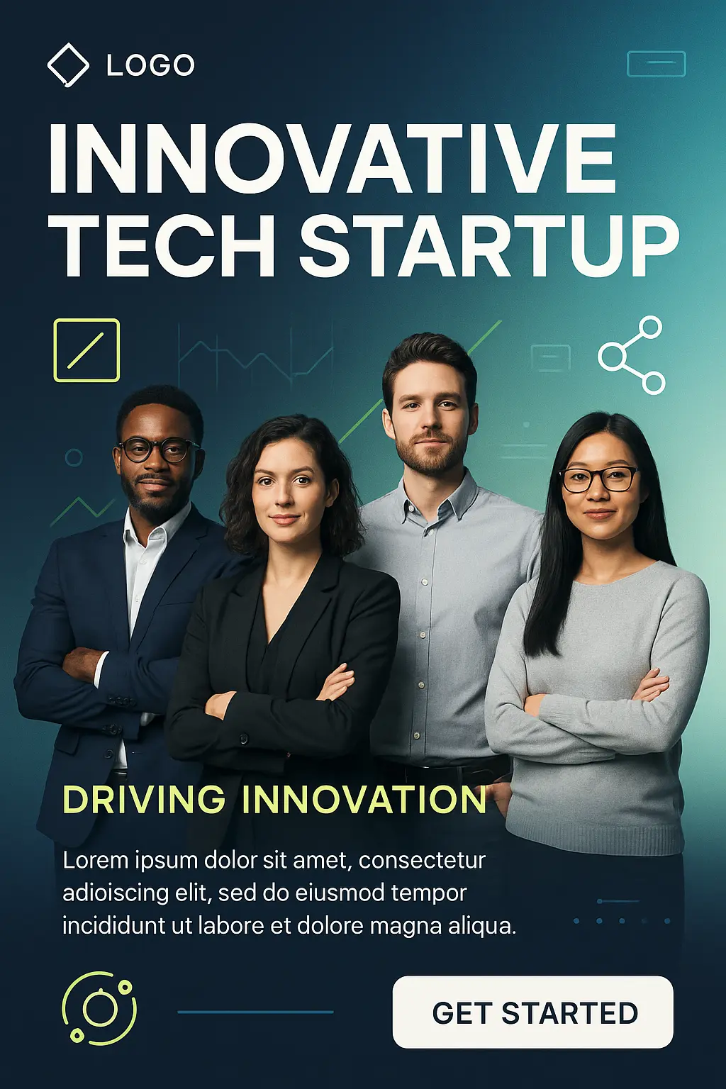 Business Poster template with tech startup team, clean gradient background.