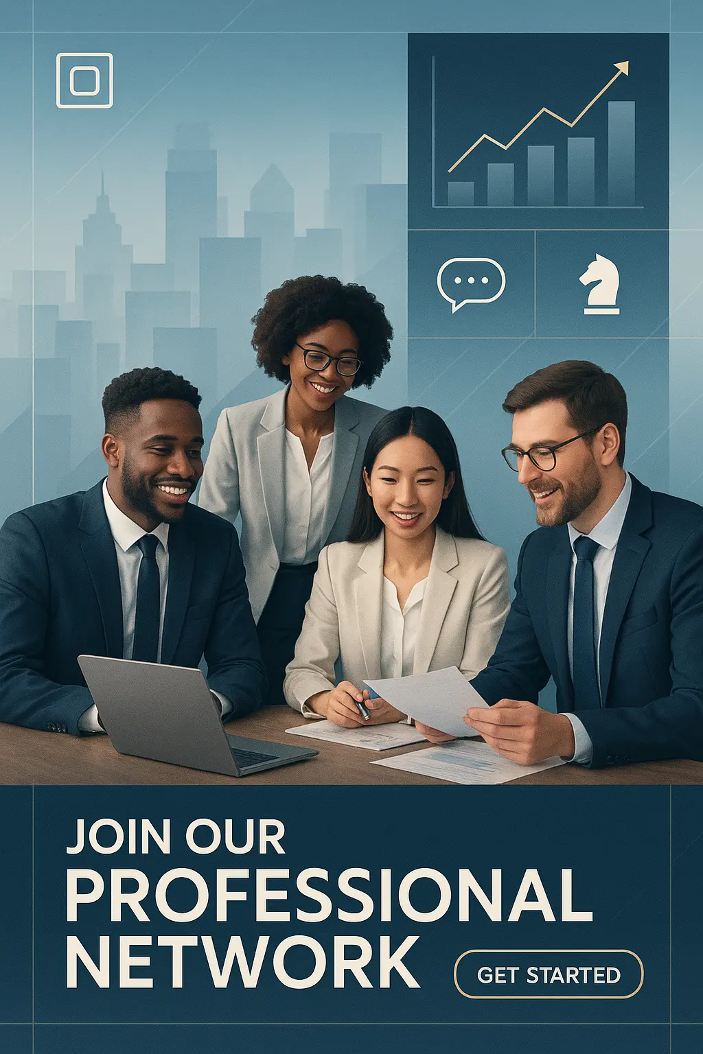 Business Poster template featuring a professional team in a dynamic, modern cityscape