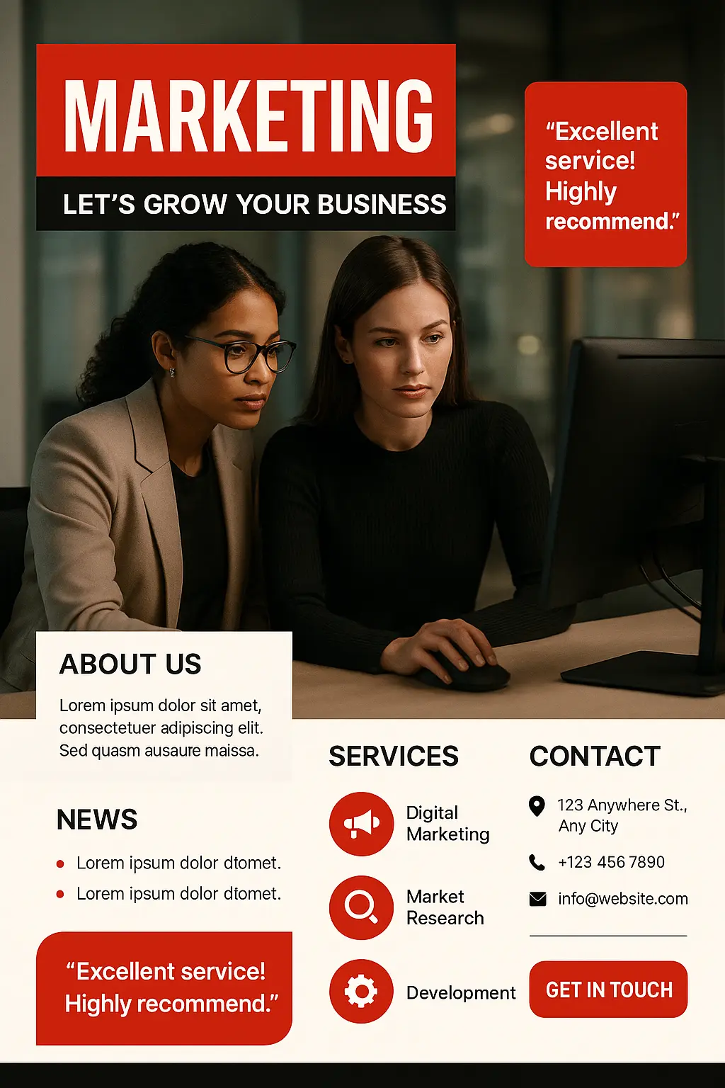 Business Poster template with marketing team and red accents