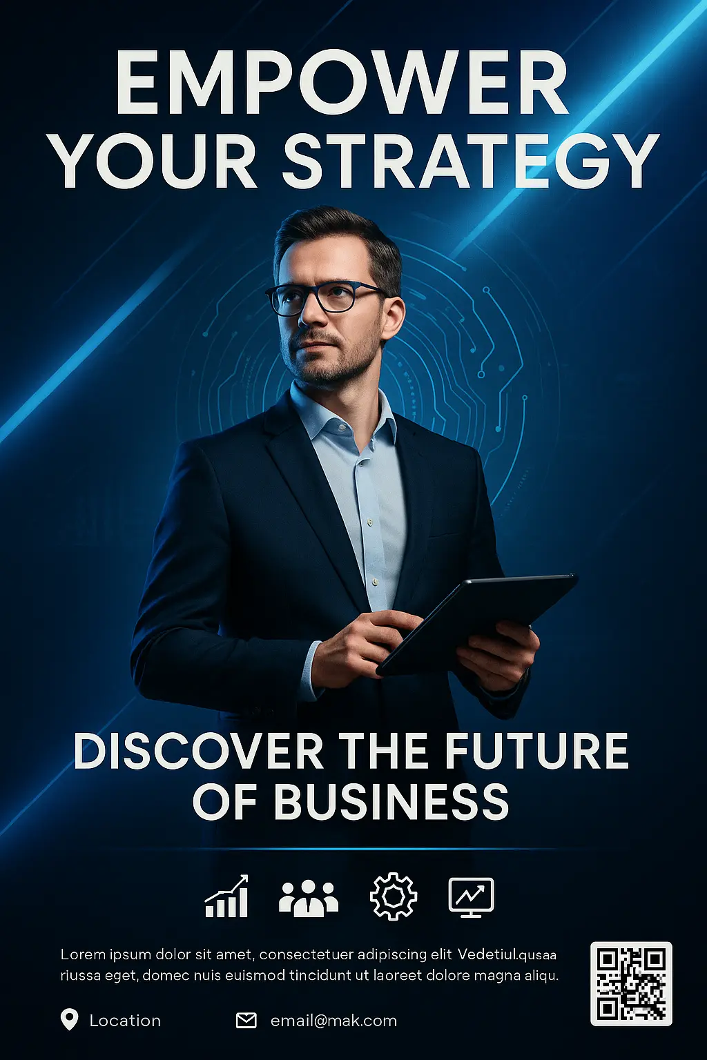 Futuristic Business Poster template with tech executive and blue tones