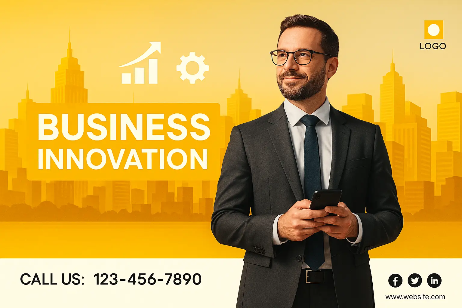 Business Poster template featuring entrepreneur with bar chart and professional layout
