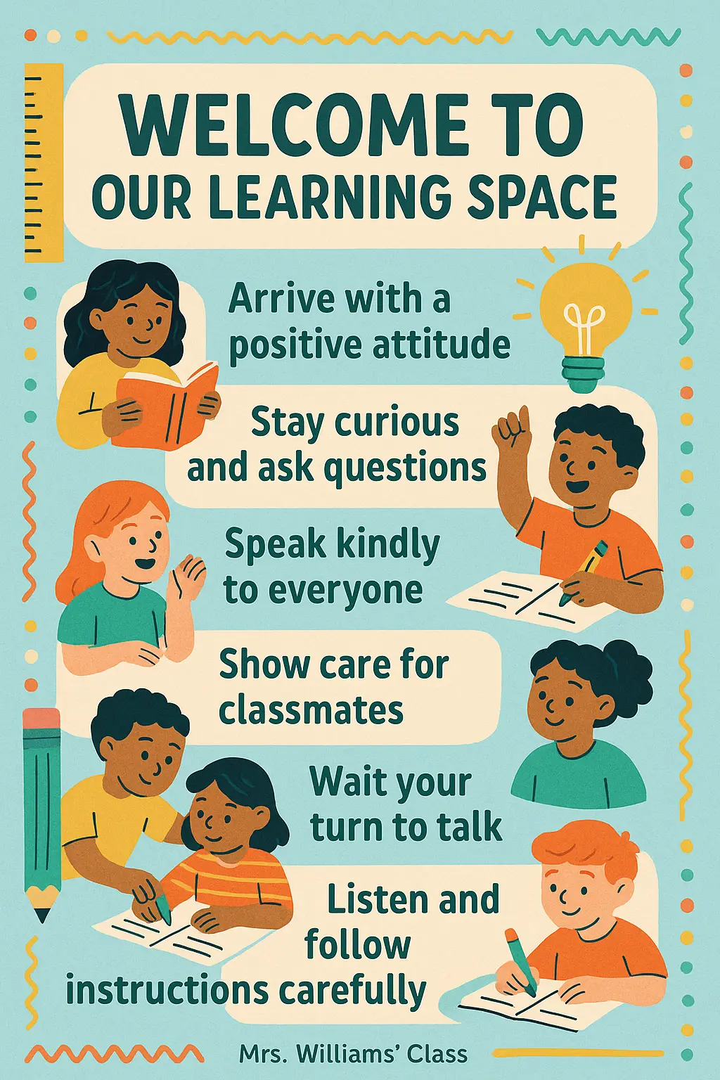 Colorful Classroom Rules Poster template with playful illustrations