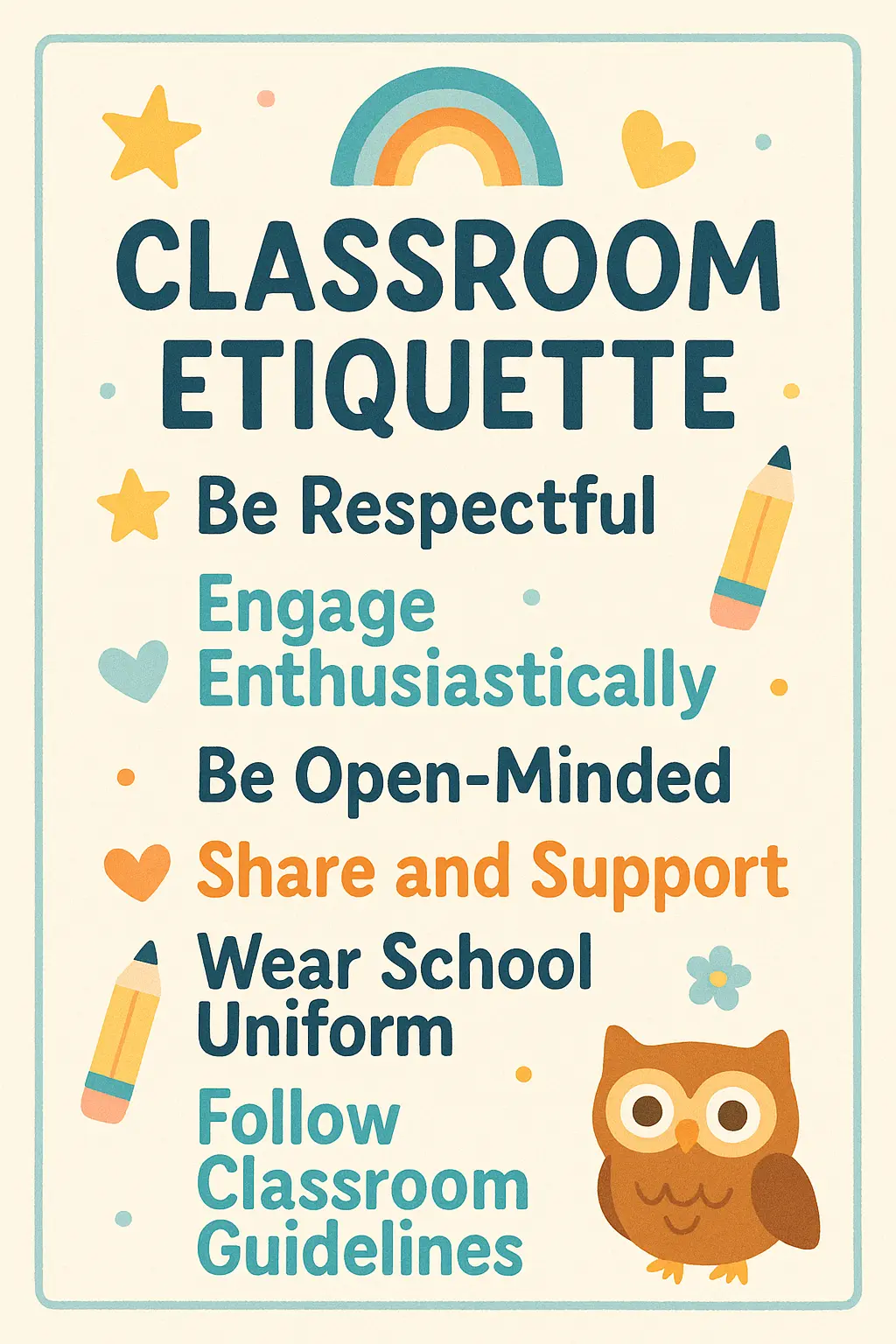 Classroom Rules Poster template featuring positive guidelines with playful design
