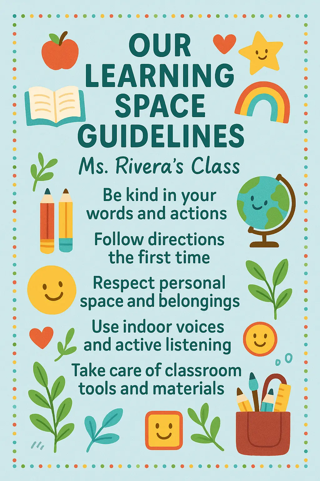 Colorful Classroom Rules Poster template with playful icons and bold text