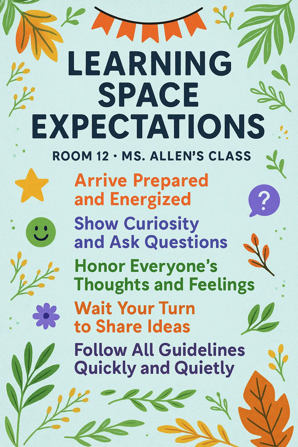 Playful Classroom Rules Poster template with colorful leaves and bold text