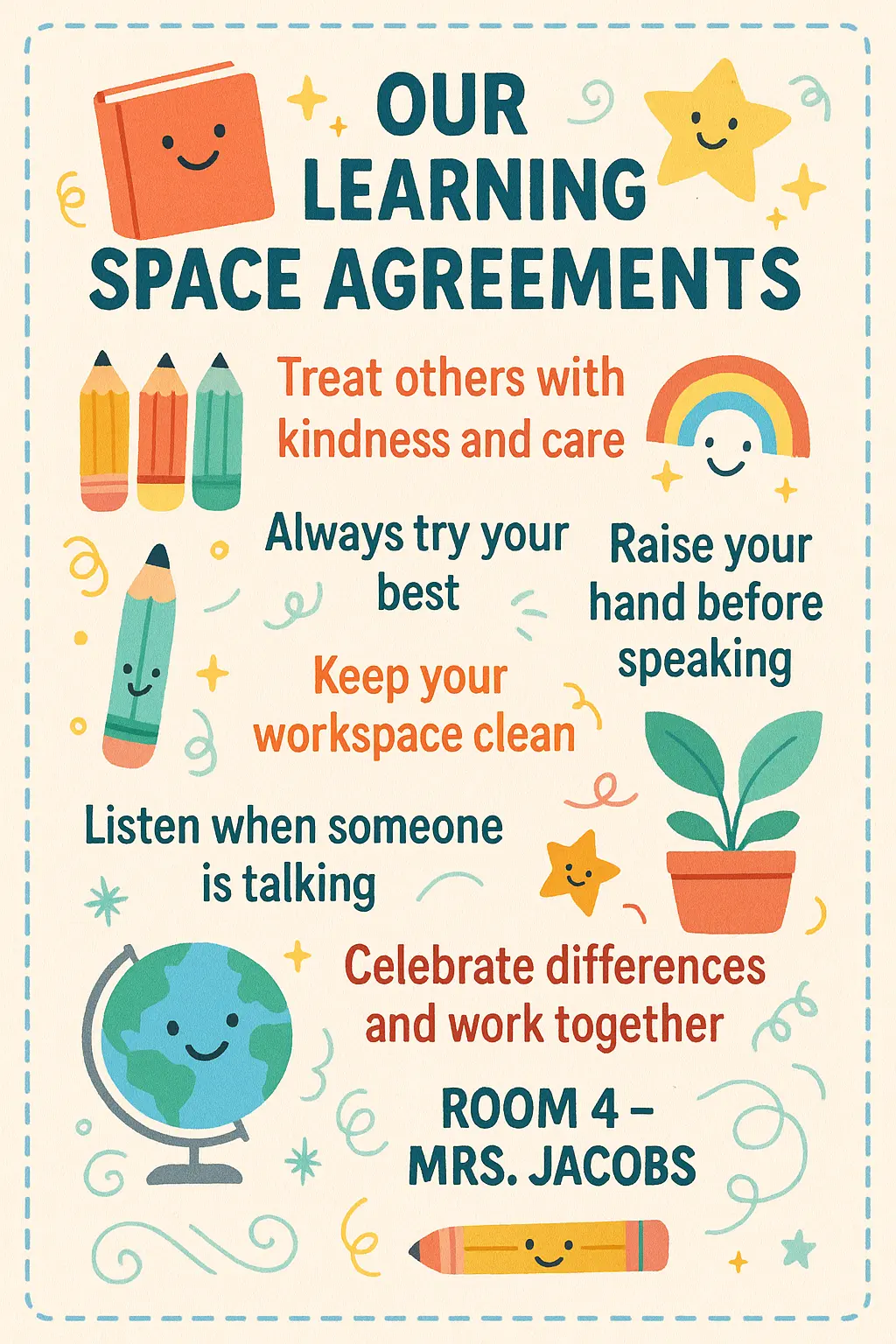 Colorful Classroom Rules Poster template with cheerful icons