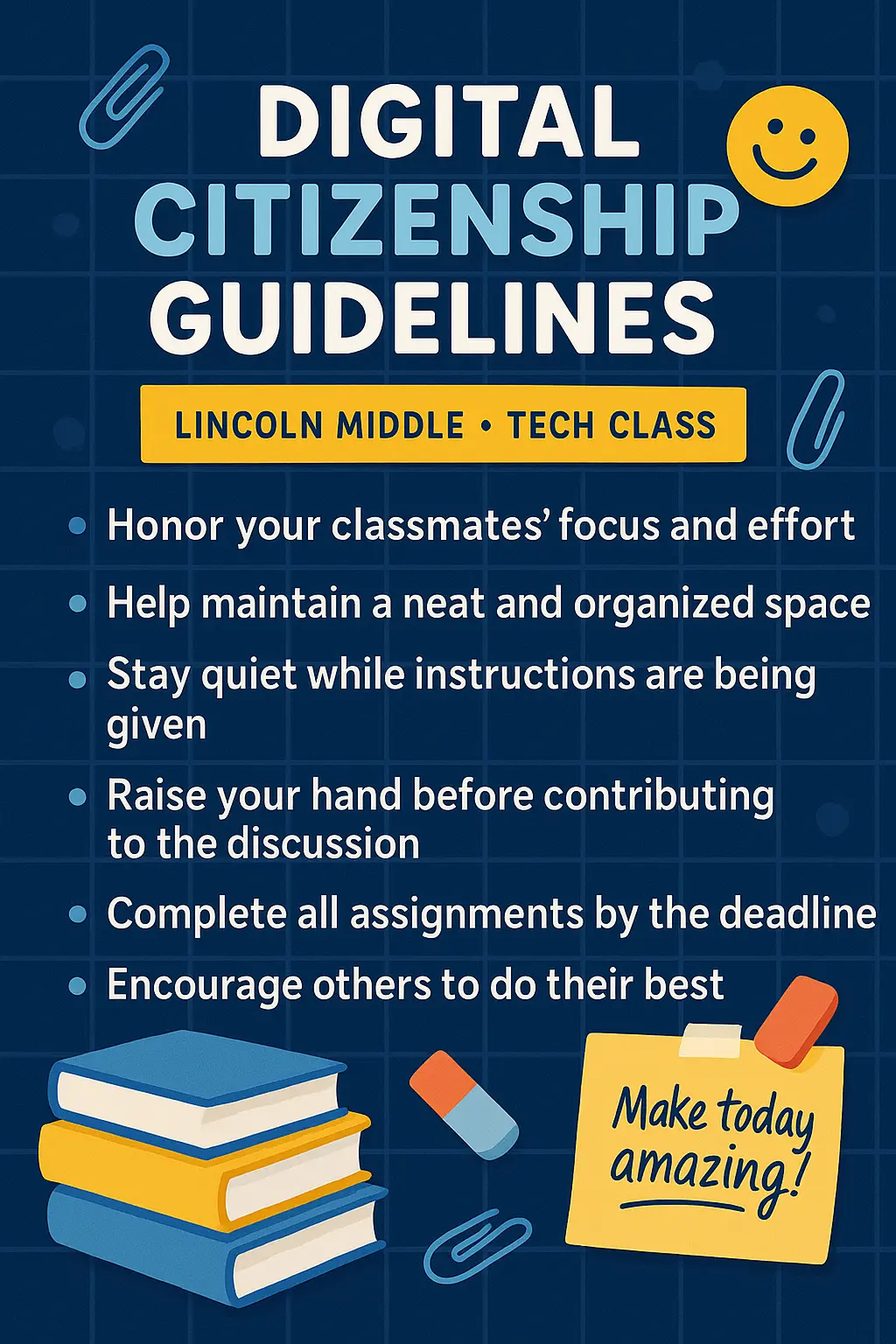 Modern Classroom Rules Poster template with bold text and illustrations