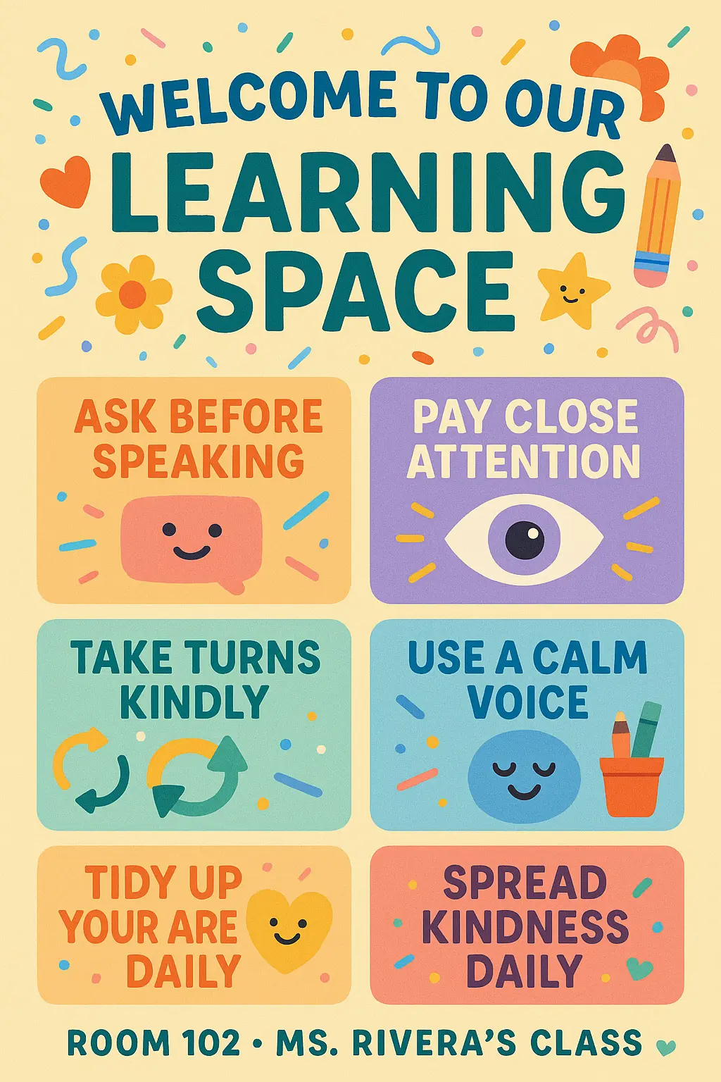 Bright Classroom Rules Poster template with illustrated kids and bold tips