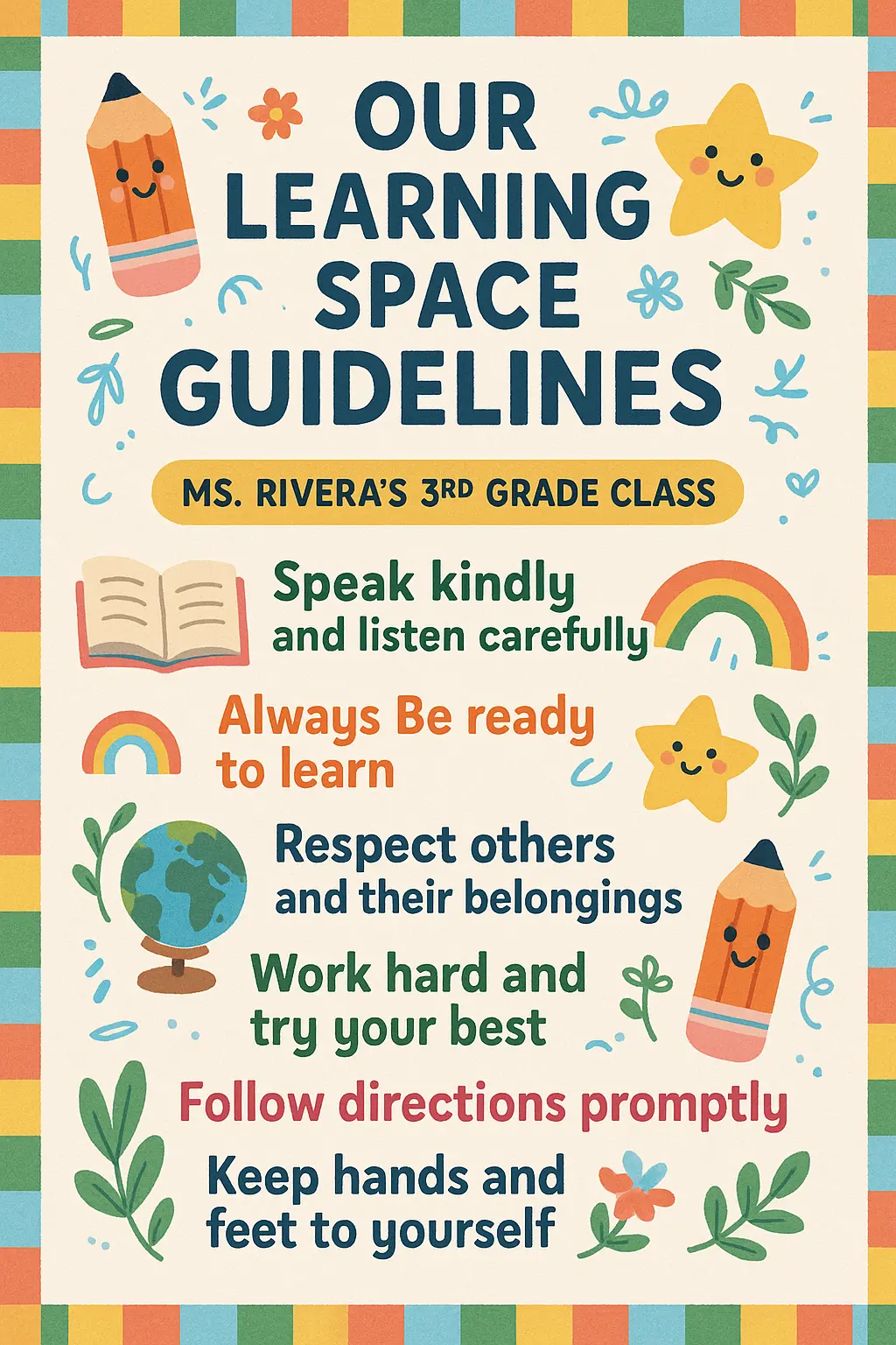 Colorful Classroom Rules Poster template with playful icons and bold text