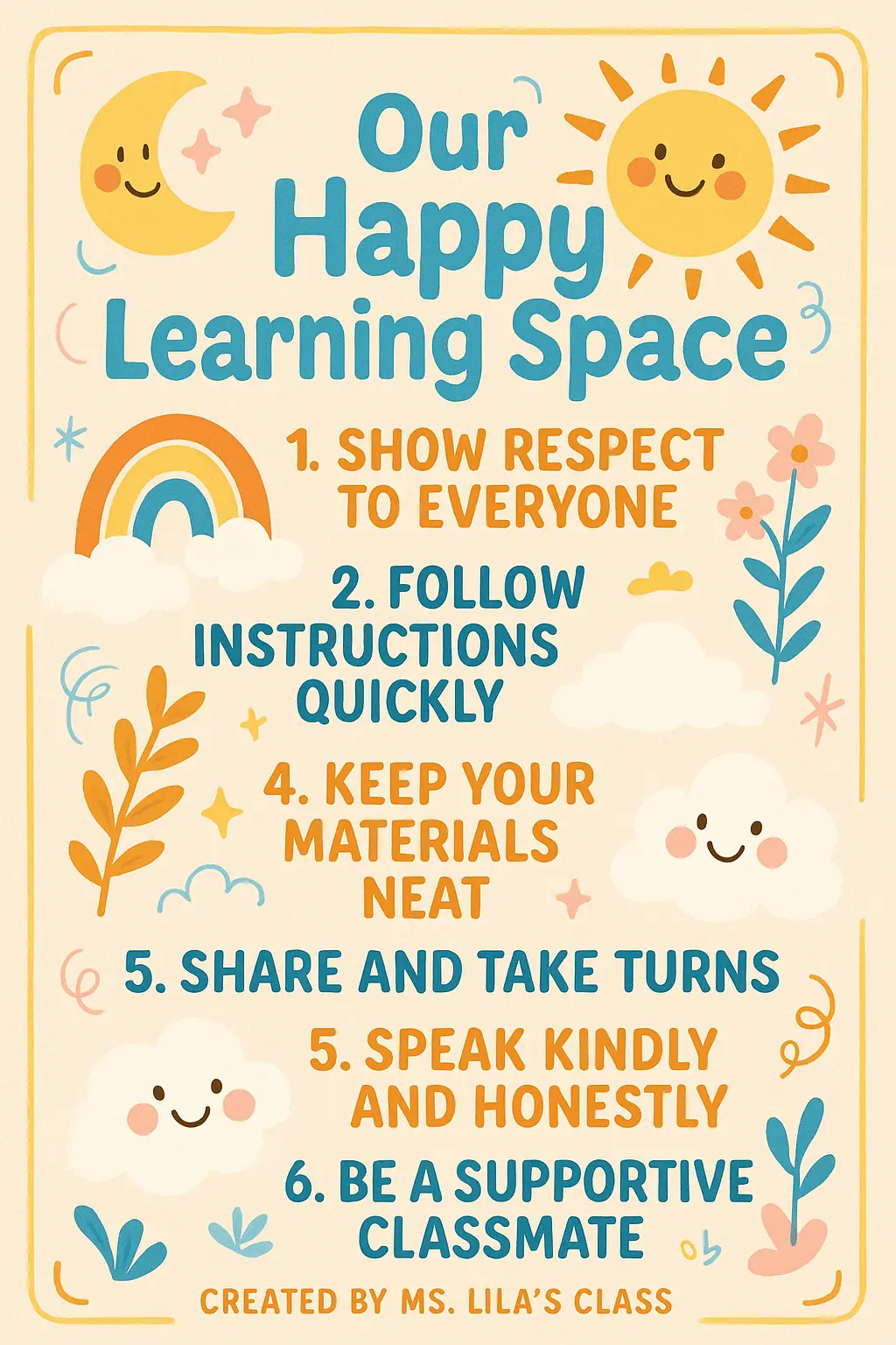 Playful Classroom Rules Poster template with pastel colors and cute icons