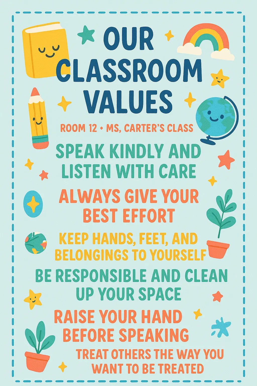 Colorful Classroom Rules Poster template with cheerful illustrations